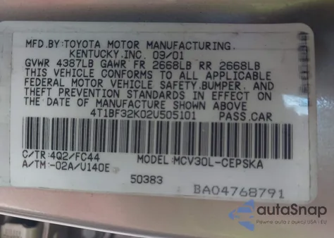 2002 Toyota Camry Se V6 из США, поврежденный, VIN 4T1BF32K02U505101